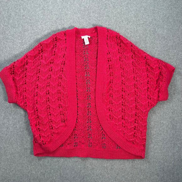 Chico's Pink Open Knit Cardigan Shrug Women's 3/XL Short Sleeve Cropped - Picture 1 of 8